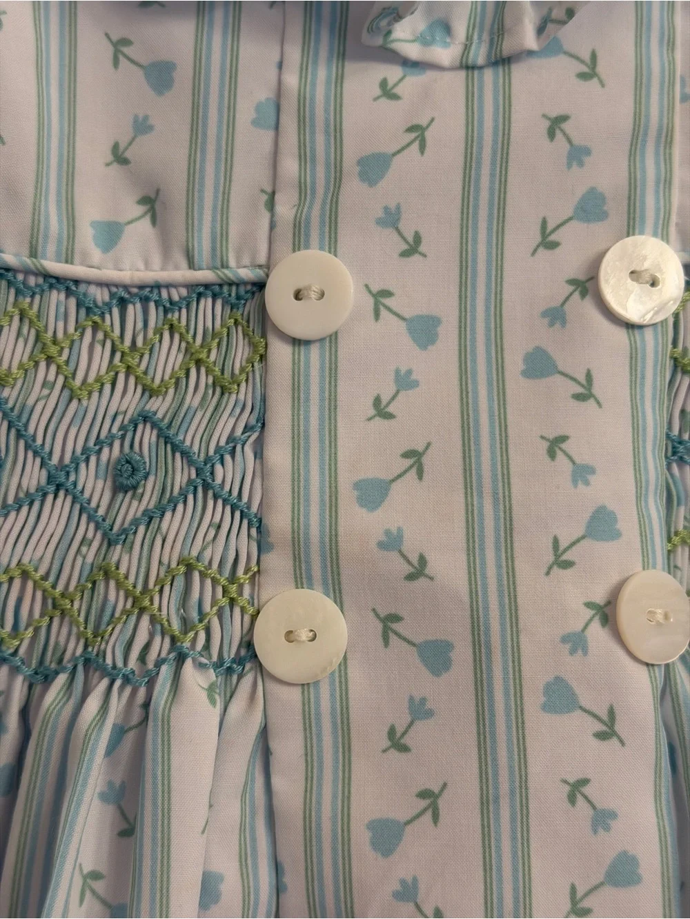 Girls White and Light Blue Smocked Floral Stripe Dress